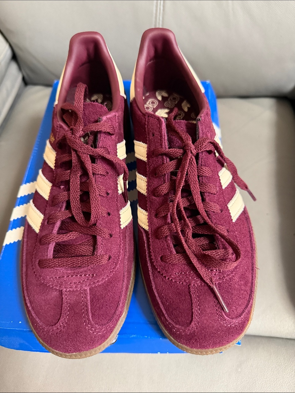 adidas Women’s Suede Sneakers in Burgundy with Cream Stripes